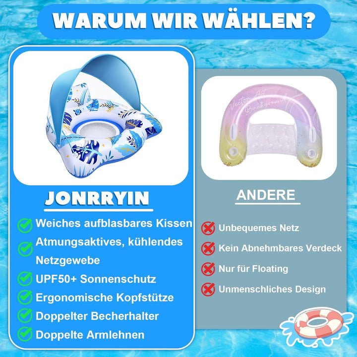 JONRRYIN Aufblasbare Pool Luftmatratze mit 2 Getränkehalter, Schwimmsessel Pool Erwachsene mit Verst