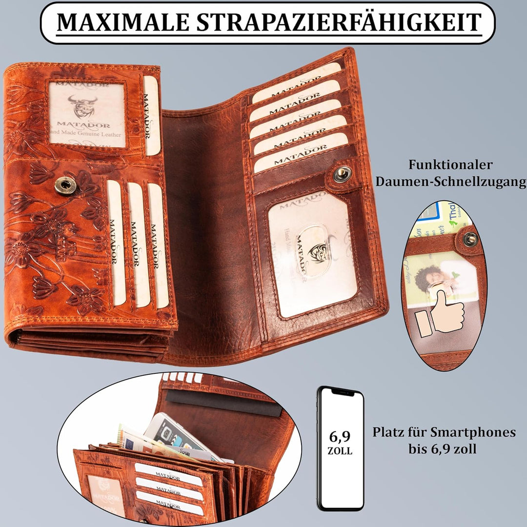 MATADOR Damen Leder Geldbörse Blumen TÜV geprüfter RFID & NFC Schutz Vintage Braun Printed Braun, Pr