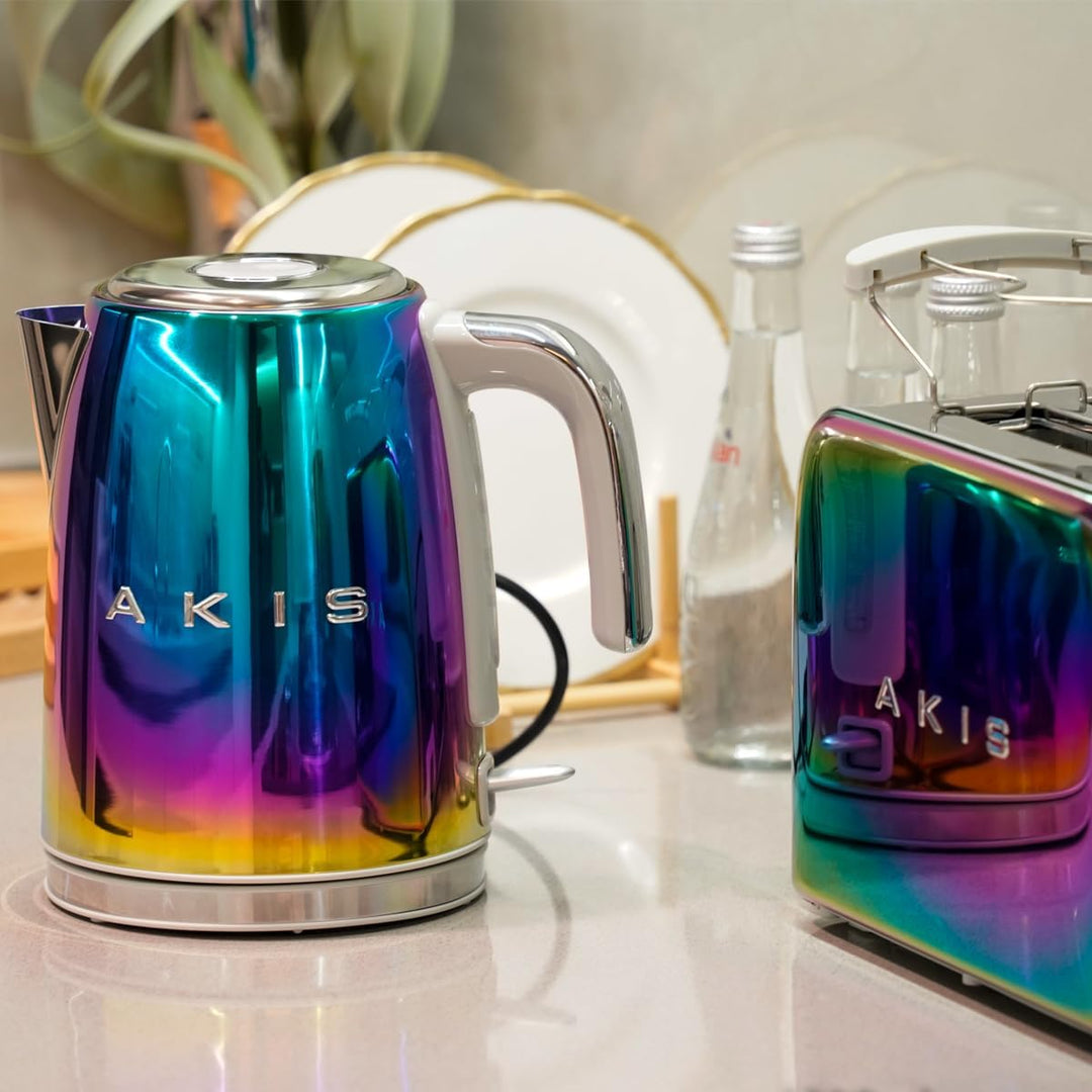 AKIS La Fête Design Toaster und Wasserkocher Set aus Edelstahl in Regenbogen bunter Farbe Modern, To