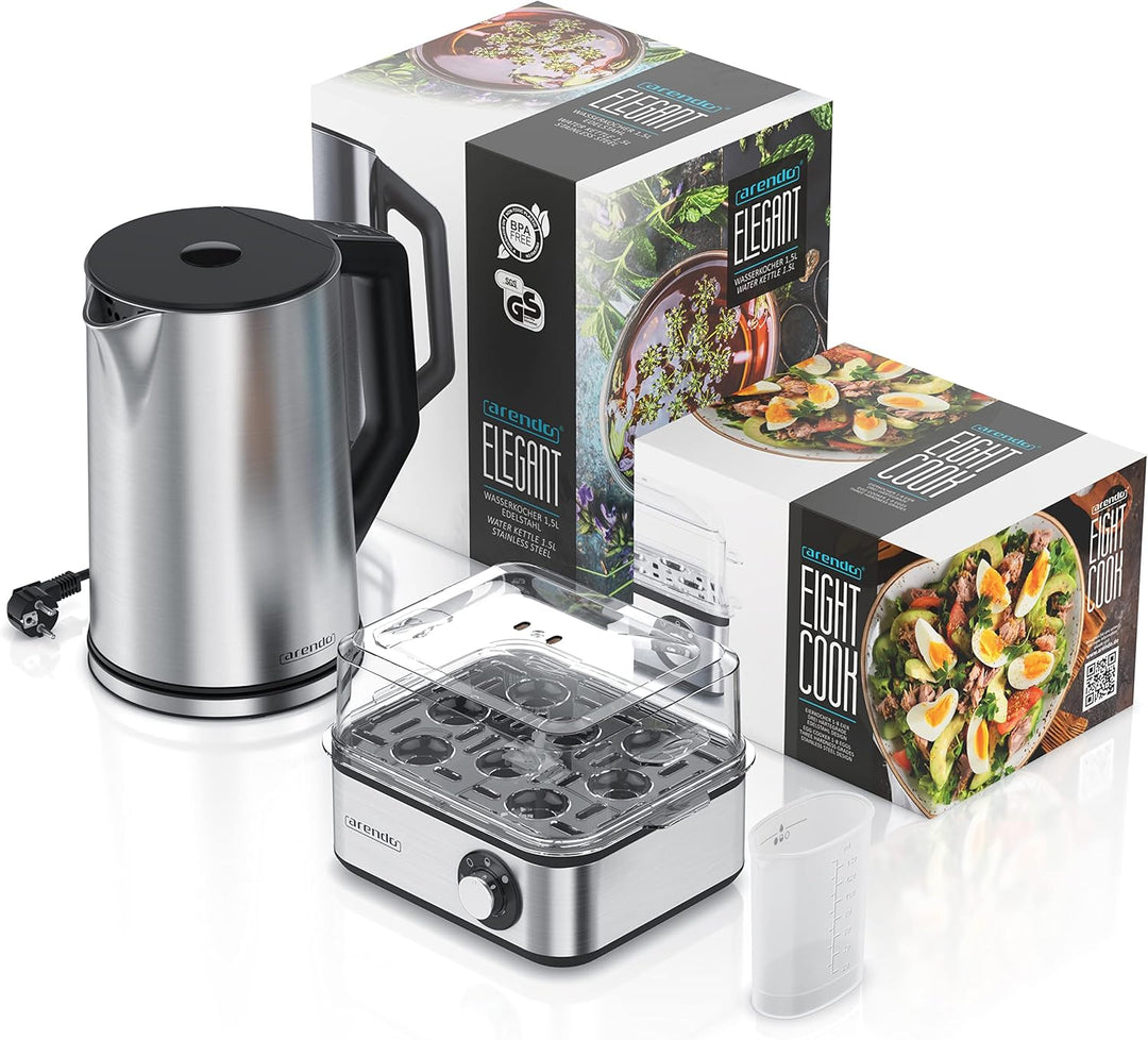 Arendo - Set Wasserkocher ELEGANT mit Eierkocher THREECOOK Edelstahl Silber, Wasserkocher 1,5L 40° -