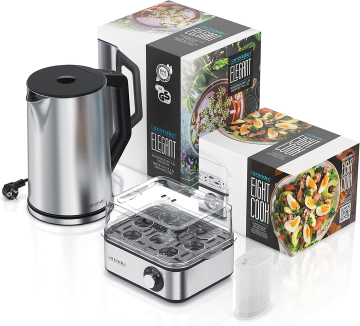 Arendo - Set Wasserkocher ELEGANT mit Eierkocher THREECOOK Edelstahl Silber, Wasserkocher 1,5L 40° -