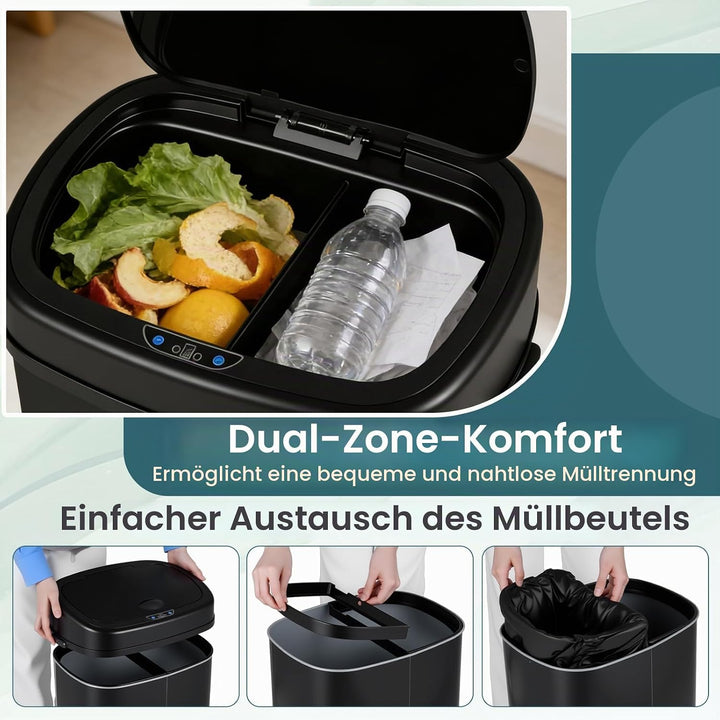 COSTWAY Mülleimer Küche, 68 L Mülltrennsystem 2 Fächer, Abfalleimer aus Edelstahl mit Sensor &amp; Soft-
