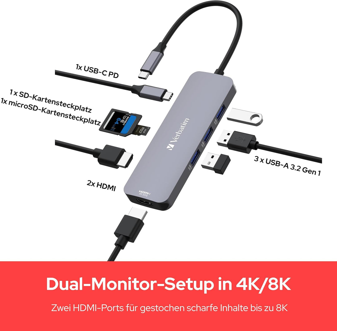 Verbatim USB-C Pro Multiport Hub 8-in-1, Multiport Adapter USB-C auf HDMI, USB-A und USB-C PD, micro