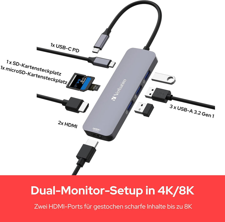 Verbatim USB-C Pro Multiport Hub 8-in-1, Multiport Adapter USB-C auf HDMI, USB-A und USB-C PD, micro
