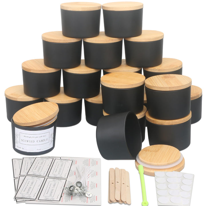 MILIVIXAY 20 Stück 118 ml mattschwarze Glaskerzengläser mit Deckel und Kerzenherstellungs-Kits – Gro
