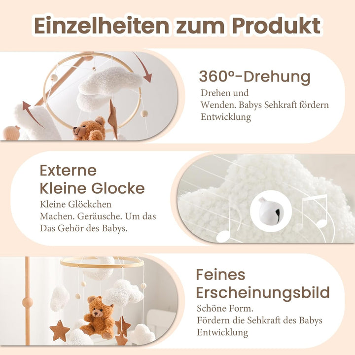 Herfair Mobile Baby Bettglocke mit Teddybär Hölz Mädchen Hängende Mobile Windspiel für Babybett Kind