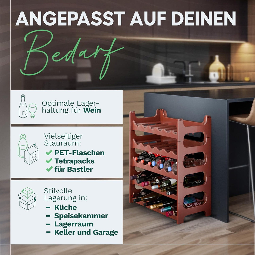 Novaliv Flaschenregal für 48 Flaschen aus Kunststoff, erweiterbar, Weinregal stapelbar, Braun, Geträ