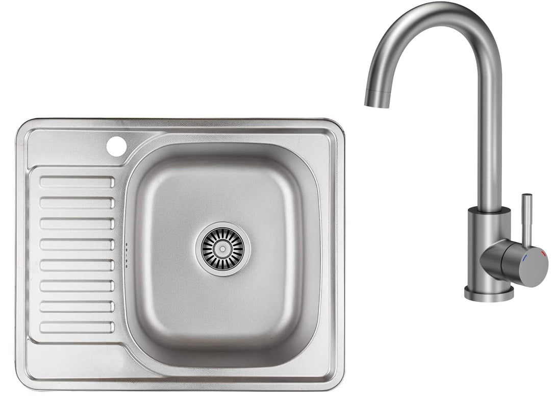 VBChome Einbauspüle mit Armatur 58x48 Leinenstruktur Links Edelstahl Küchenspüle Spüle Ablagefläche