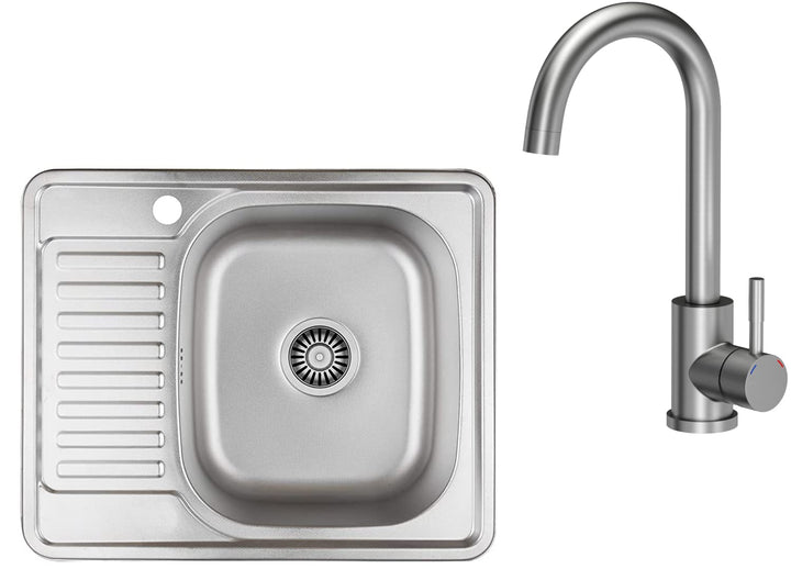 VBChome Einbauspüle mit Armatur 58x48 Leinenstruktur Links Edelstahl Küchenspüle Spüle Ablagefläche