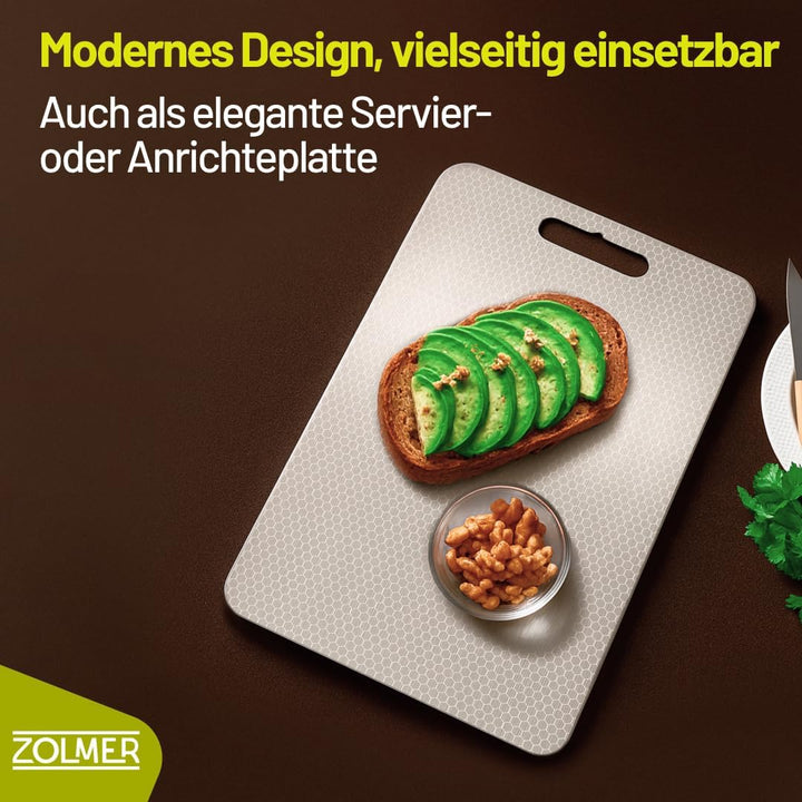 Edelstahl Schneidebrett 34×23 cm – Leicht & antibakteriell, Metall Schneidebrett mit Anti-Scratch-Mu