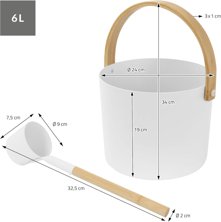 LuxeBath Saunazubehör-Set aus Aluminium & Bambus, Weiss, 2-TLG Sauna Set, Aufgusskübel mit klappbare