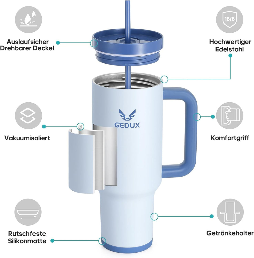 Trinkflasche Mit Strohhalm 1,2L-Thermobecher Mit Henkel, Doppelwandige Vakuumisolierung, Auslaufsich