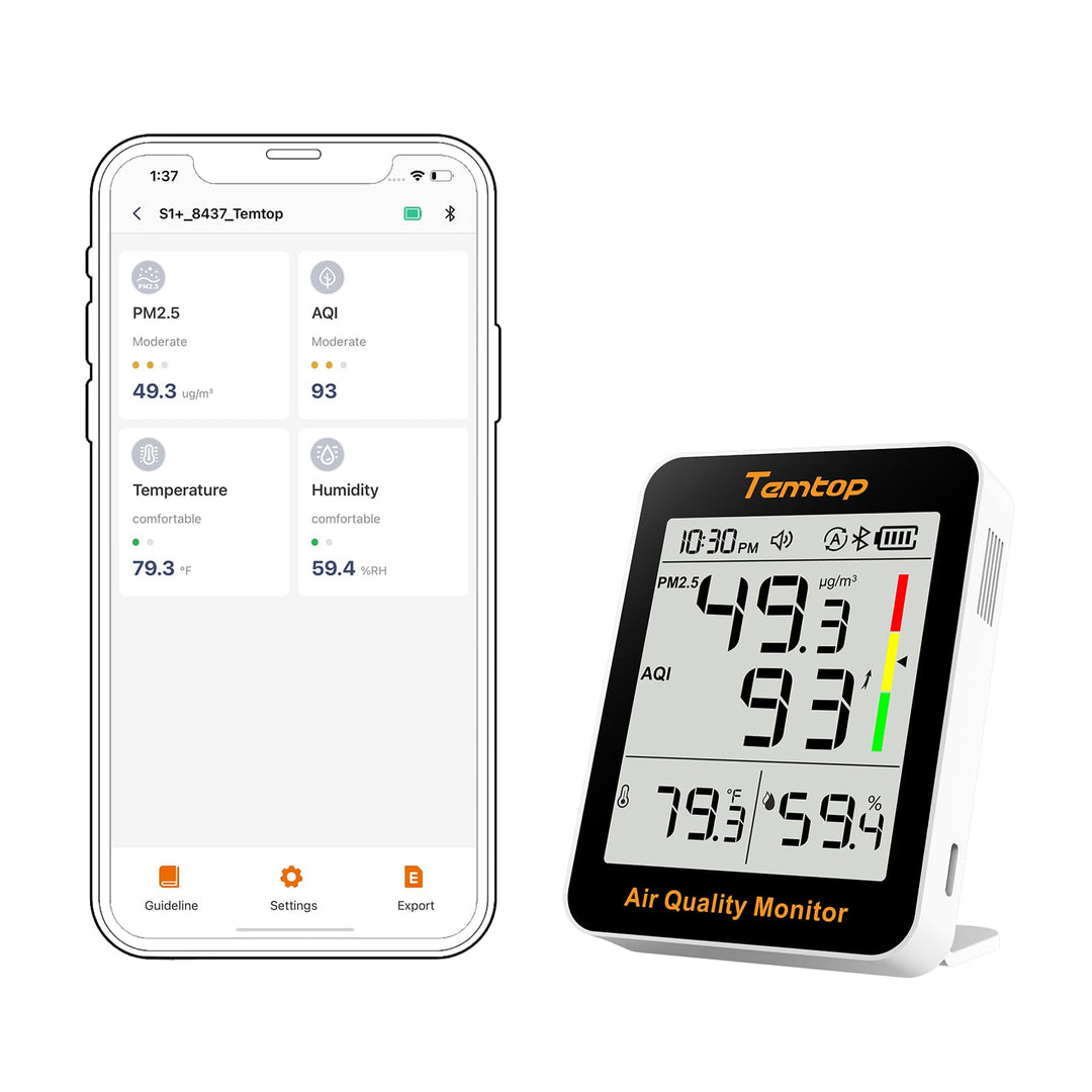 Temtop PM2.5 Monitor Bluetooth Luftqualitätsmonitor Temperatur Luftfeuchtigkeit Thermohydrometer S1+
