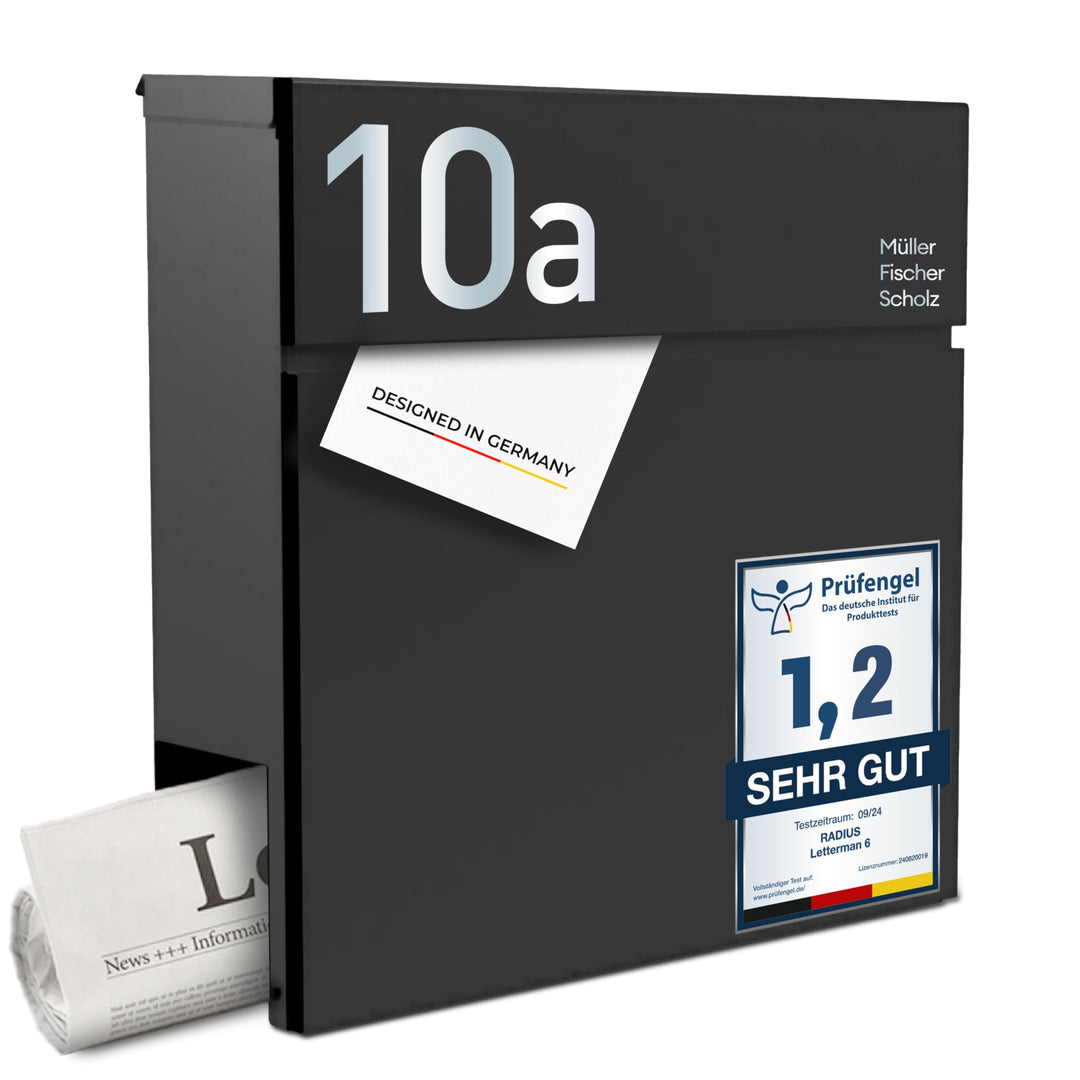 Radius® Designer Briefkasten Edelstahl - Hausnummer & Briefkasten Namensschild personalisiert mit La