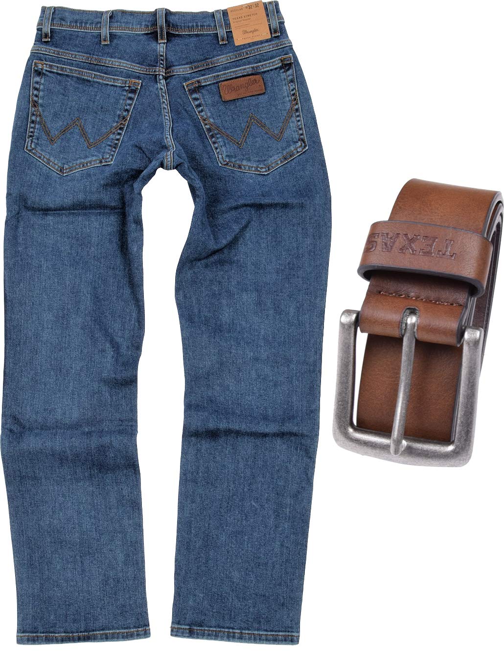 Wrangler Texas Stretch Herren Jeans Regular Fit inkl. Gürtel (W44/L36, Stonewash + brauner Gürtel)