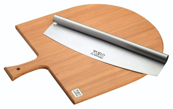 KitchenCraft World of Flavours Pizzabrett aus Holz und Mezzaluna Pizzaschneider Set