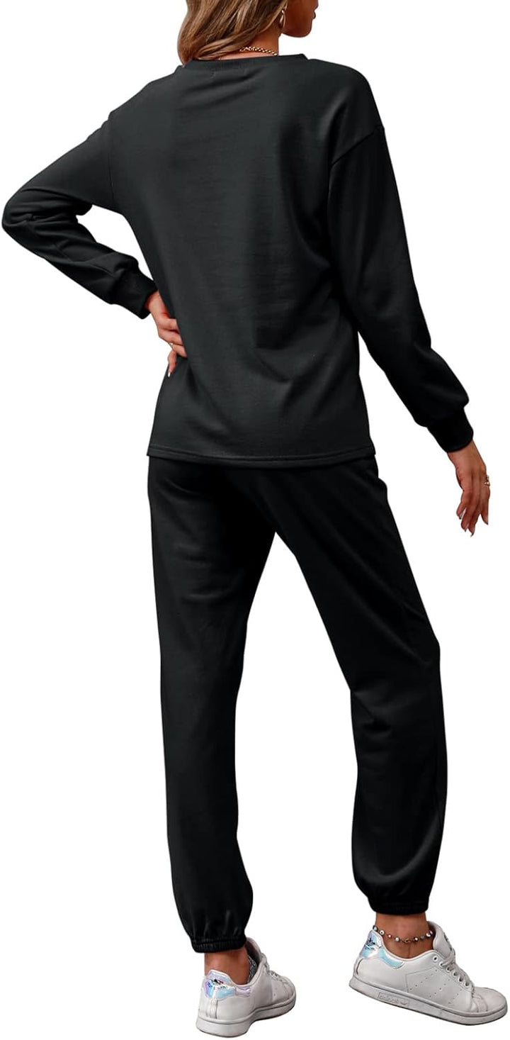 REORIA Damen Tracksuit Langarm Rundhalsausschnitt Einfarbig Zweiteiler Outfit Hoodie Jogger Training