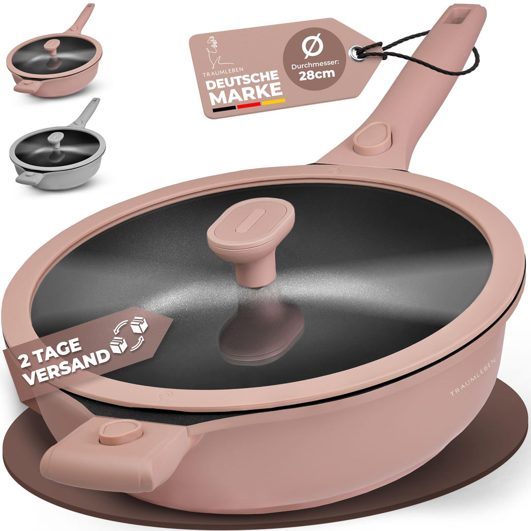 TRAUMLEBEN® Bratpfanne 28 cm mit Deckel, abnehmbaren Griffen &amp; Hitzeindikatoren | PFOA-frei &amp; für In