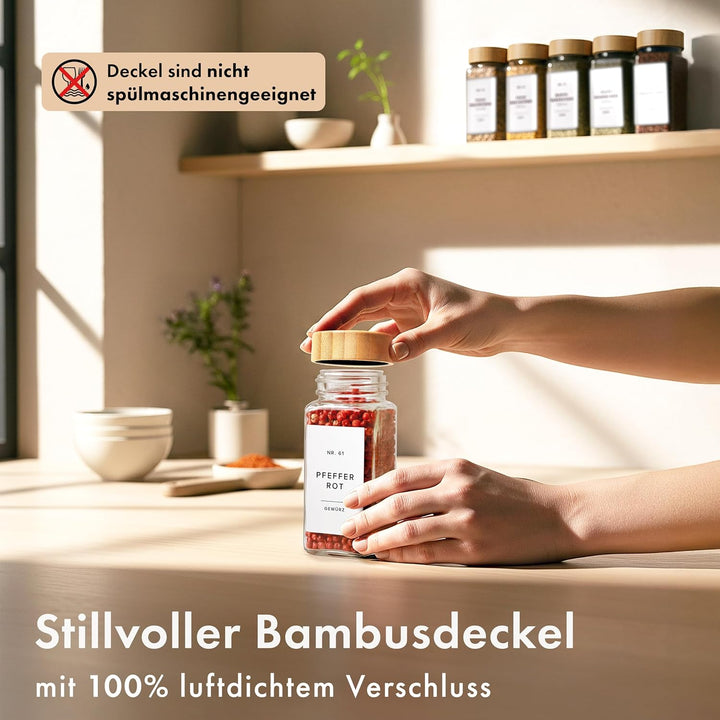 EDELHAUS® Gewürzgläser Eckig mit Bambus Holzdeckel (24 Stück) Gewürzdosen mit Streueinsatz und 240 E