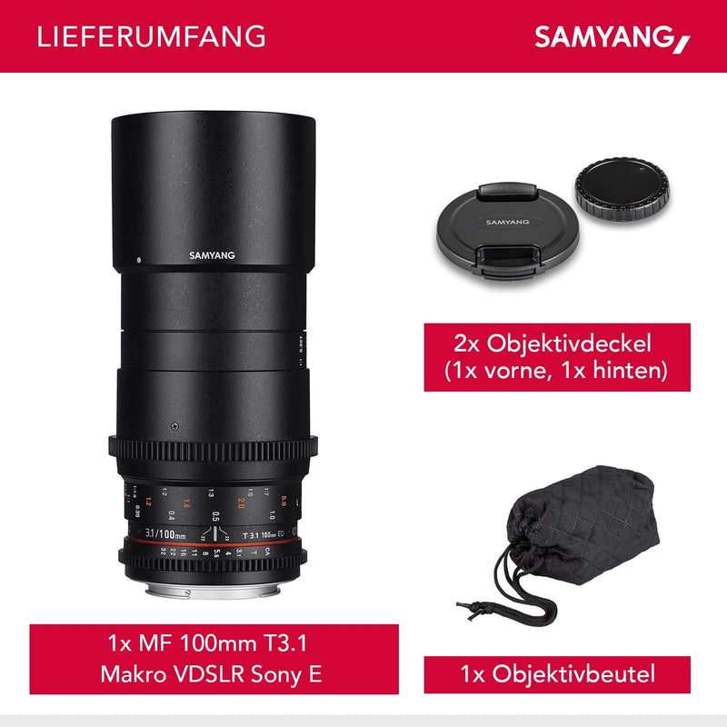 SAMYANG 7857 100/3,1 Objektiv Makro Video DSLR Sony E manueller Fokus Videoobjektiv 0,8 Zahnkranz Ge