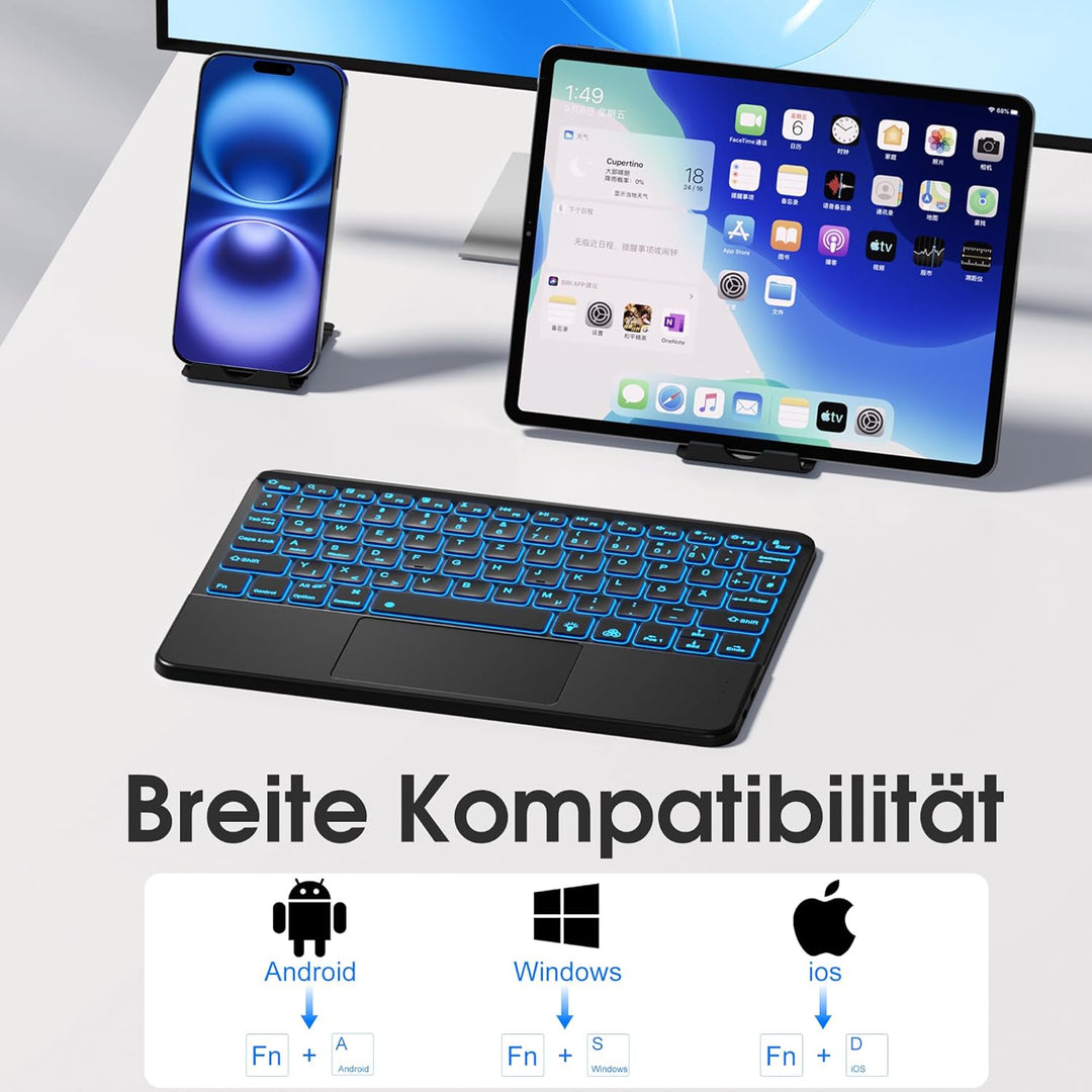 Vobafe Bluetooth Tastatur mit Touchpad, Kabellose 7-farbiges Backlight QWERTZ Tablet Keyboard, Trale