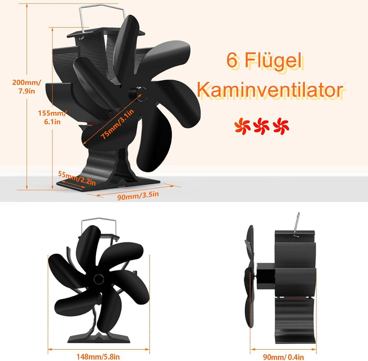 Signstek Ofenventilator, wärmebetriebener Kaminventilator mit 6 Blätter, leise Wärmezirkulation, Hol