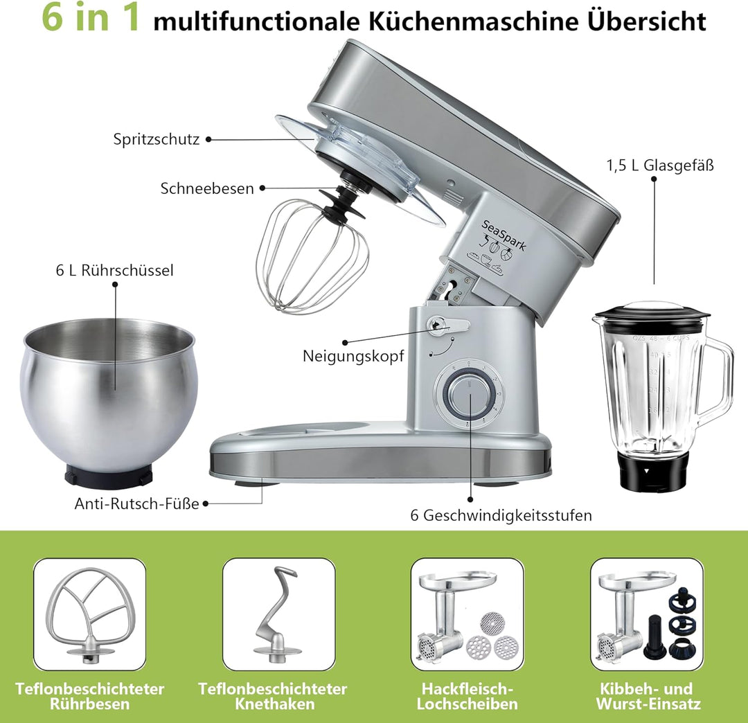 Küchenmaschine, 6 L Knetmaschine 1200W, 6 Geschwindigkeits Küchenmaschine, Teigmaschine mit Rührhake
