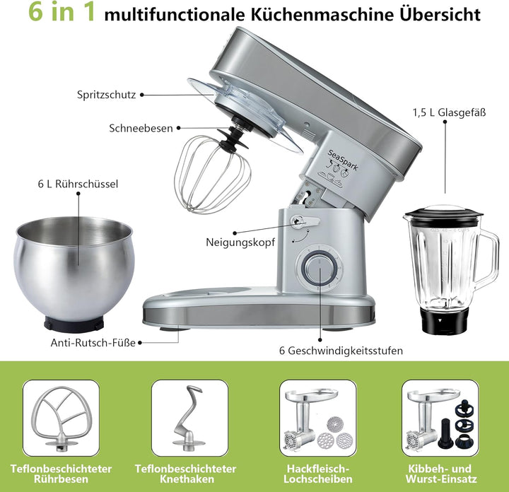 Küchenmaschine, 6 L Knetmaschine 1200W, 6 Geschwindigkeits Küchenmaschine, Teigmaschine mit Rührhake