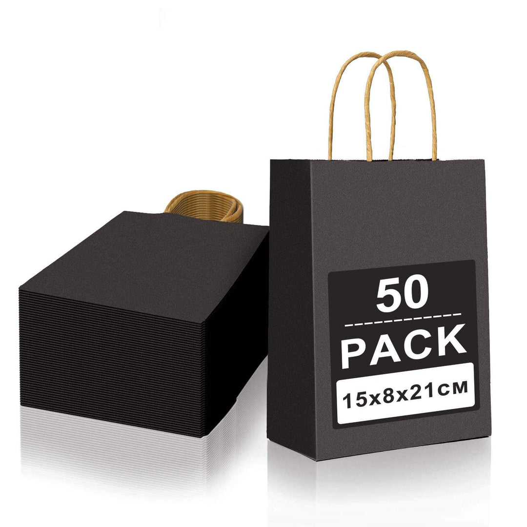 Gucass 50 Stück Klein Papiertüten mit Henkel, Schwarz Kraft Papiertaschen Geschenktüten, 15x8x21cm P