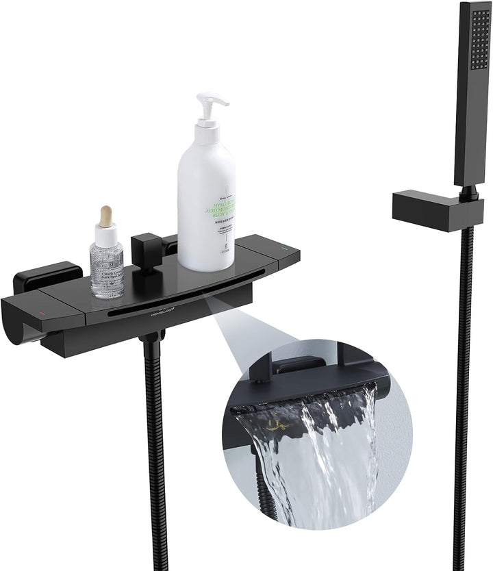 HOMELODY Schwarz Badewannenarmatur Wasserfall Armatur Badewanne Mischbatterie mit Brause Wannenarmat