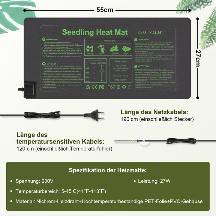 1 Stück Heizmatte Pflanzen mit Thermostat, Wärmematte IP67 Wasserdicht, 27W Heizkissen mit Timing-Fu