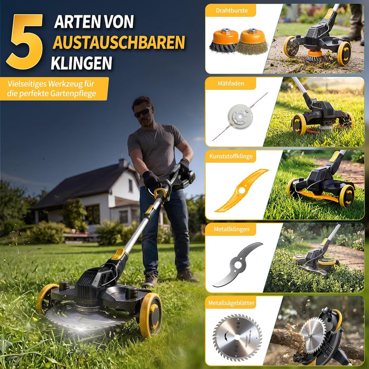 Rasentrimmer mit Akku, 21V Akku Rasentrimmer für Makita Akku, Rasentrimmer mit Unkrautbürste, 2 * 4.