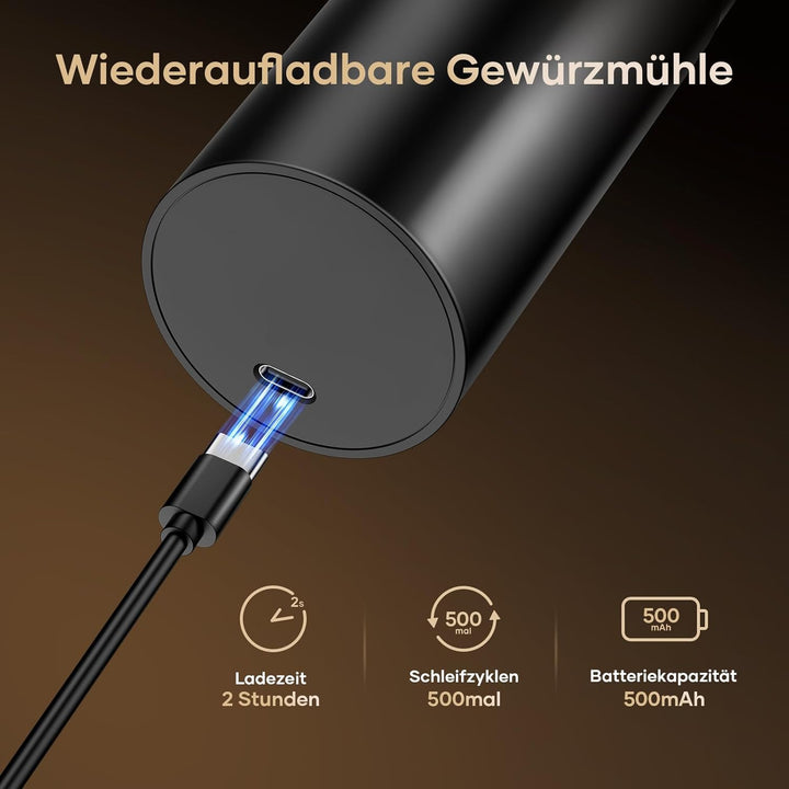 Salz und Pfeffermühle Elektrisch, Wiederaufladbare Pfeffermühle mit 5 Stufen einstellbarem Keramik M