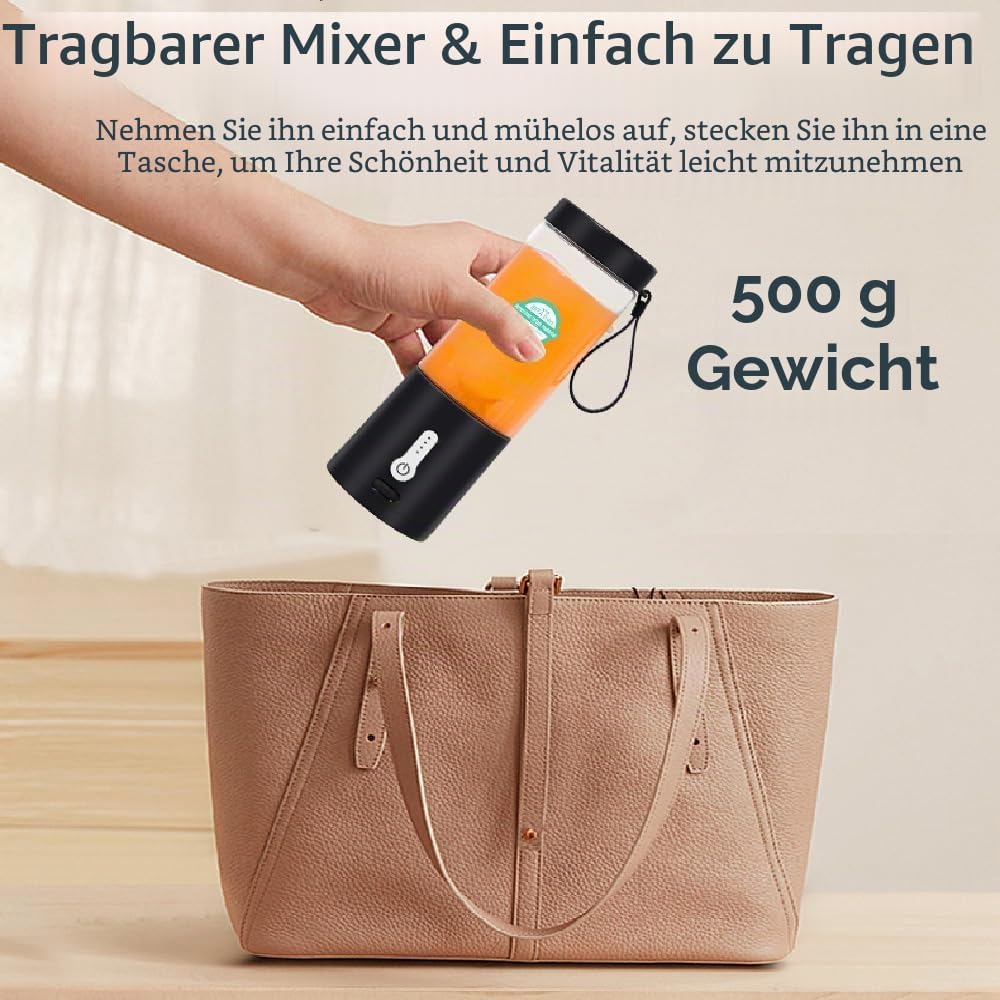 Tragbarer Mixer, Smoothie Maker to go für Shakes und Smoothies mit 6 scharfen Klingen, USB-wiederauf