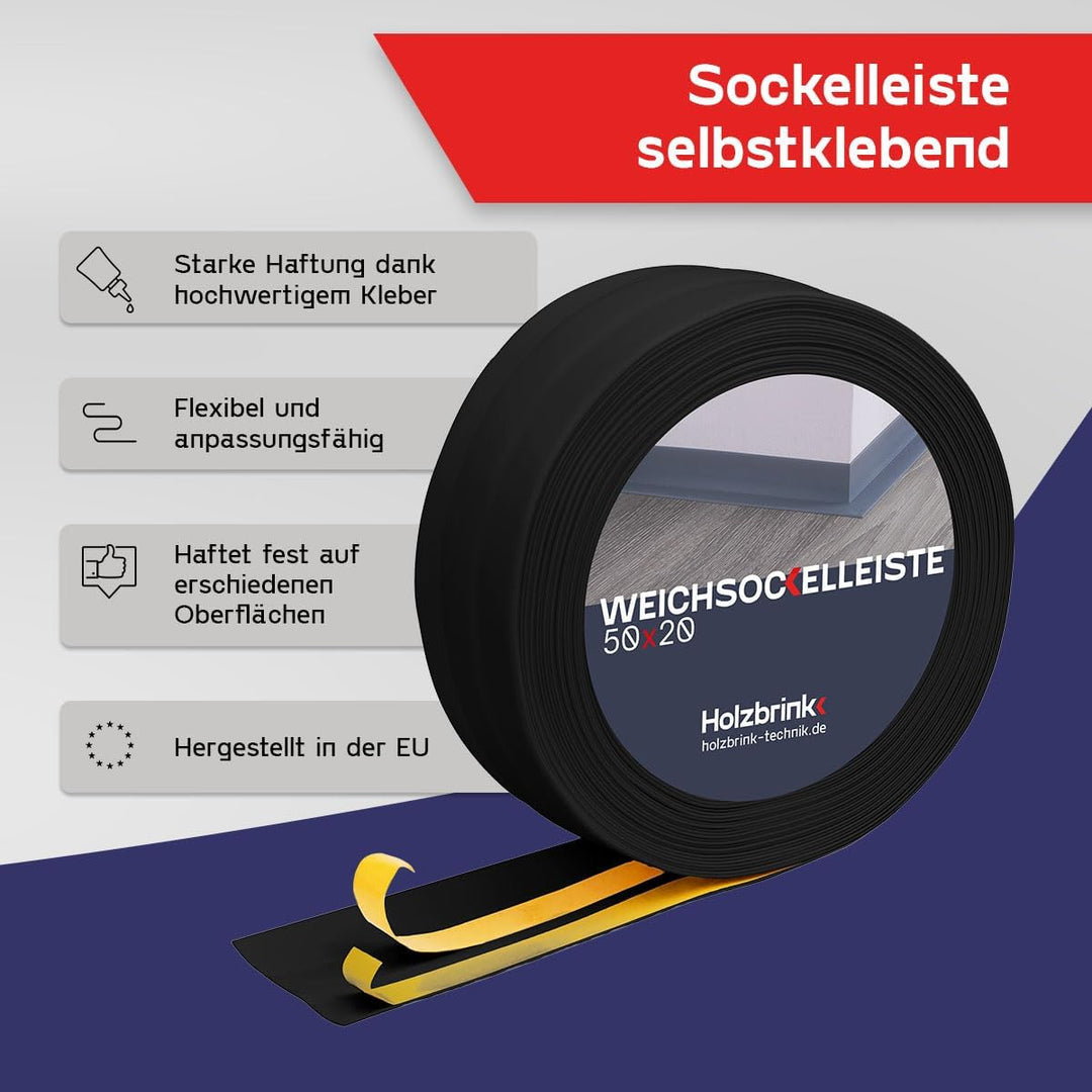 HOLZBRINK Weichsockelleiste selbstklebend SCHWARZ Knickleiste, 50x20mm, 25 Meter 25m Schwarz, 25m Sc