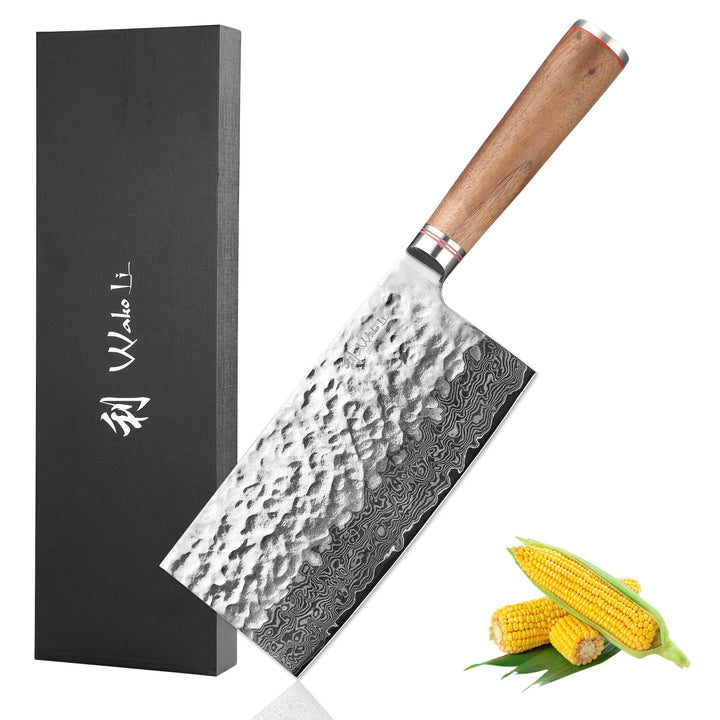 Wakoli Nussbaum Chai Dao mit 17,5 cm Klinge aus 67 Lagen Damaststahl mit VG10 Kern, Hammerschlag, ch