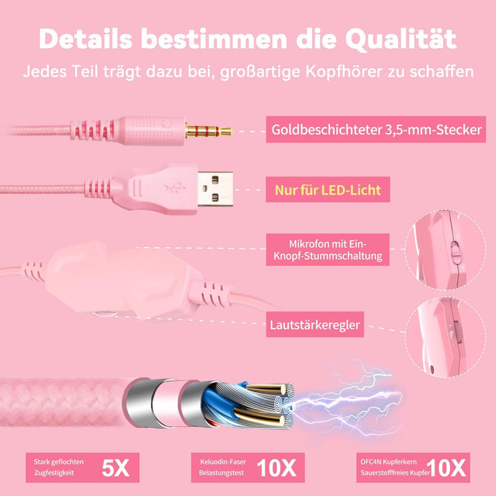 Gaming Headset mit Katzenohren abnehmbaren, RGB-Licht, Stereo Surround Noise Cancelling, Mikrofon fü
