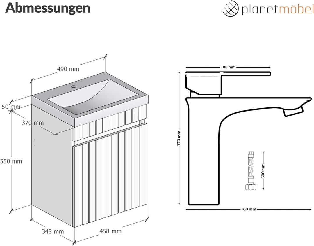 Planetmöbel Cosmia Badmöbel Set Waschtisch mit Unterschrank 50 x 60 x 35 cm Weiss, Armatur Badezimme