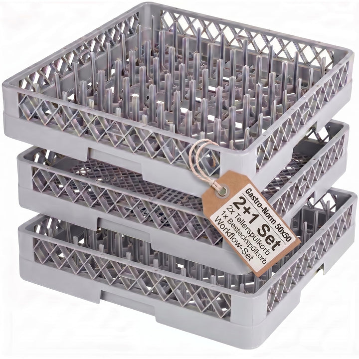 2+1 Set Spülkorb 50x50 für Gastro Spülmaschine – 2x Tellerspülkorb + 1x Besteckspülkorb (Durchfallsc