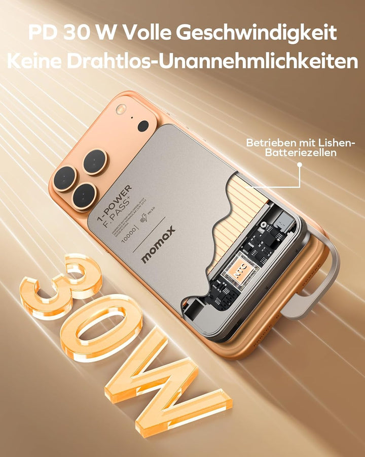 MOMAX Ultraflache Powerbank 10000mAh, 30W Schnellladung mit integriertem USB-C Kabel, 56% Ladung in