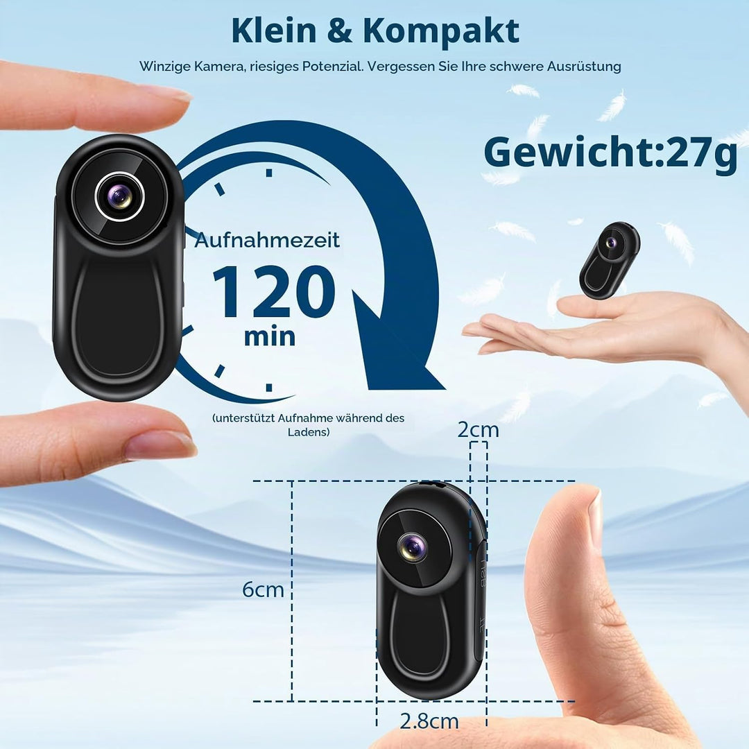 Mini Kamera Action, 1080P HD &amp; 120° Weitwinkel Action Cam Mini, 120 Minuten Aufnahmezeit Bodycam mit