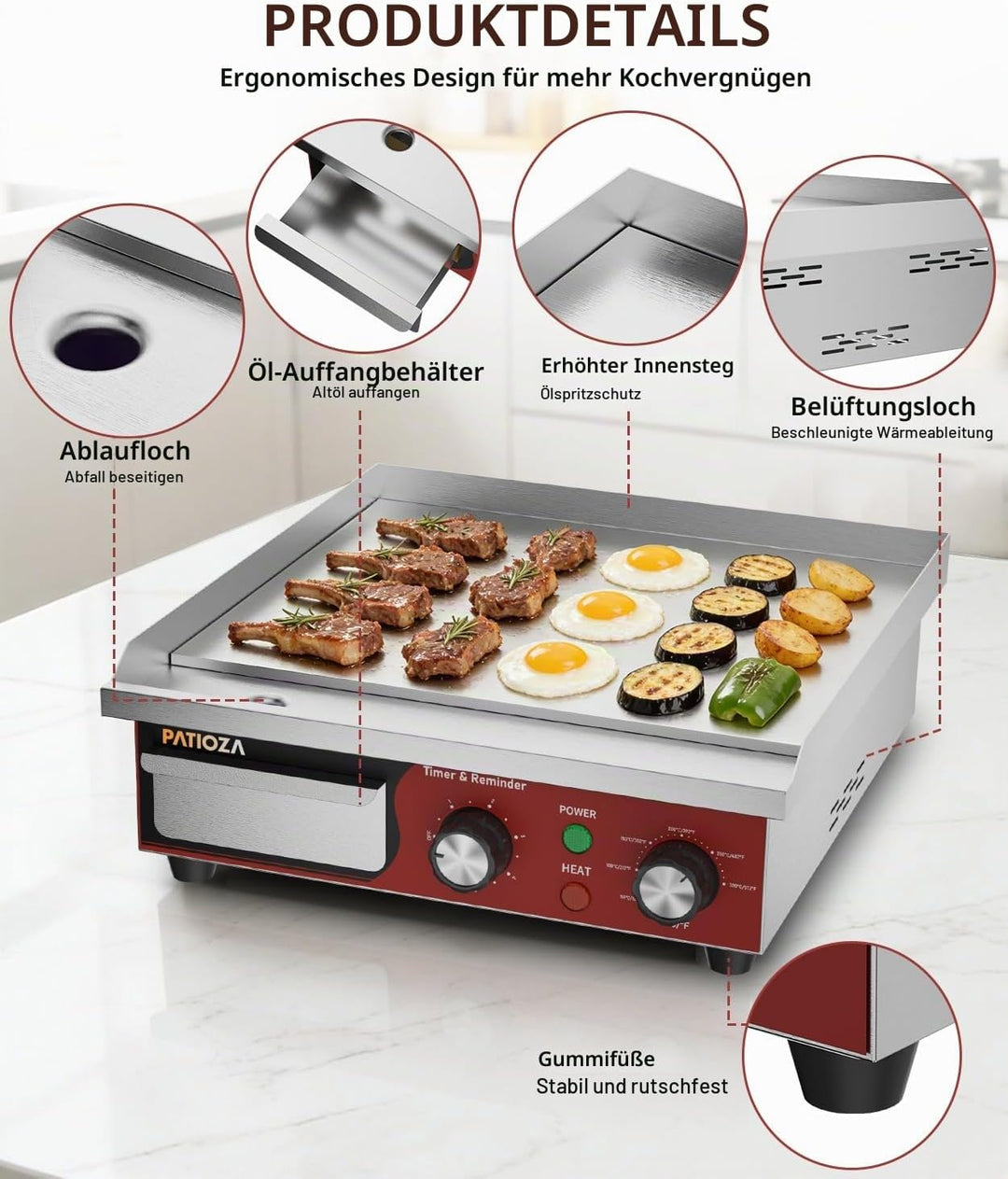 Grillplatte Elektrisch Gastro 36cm,1700W Elektrische Grillplatte Edelstahl mit 5-Minuten-Erinnerungs