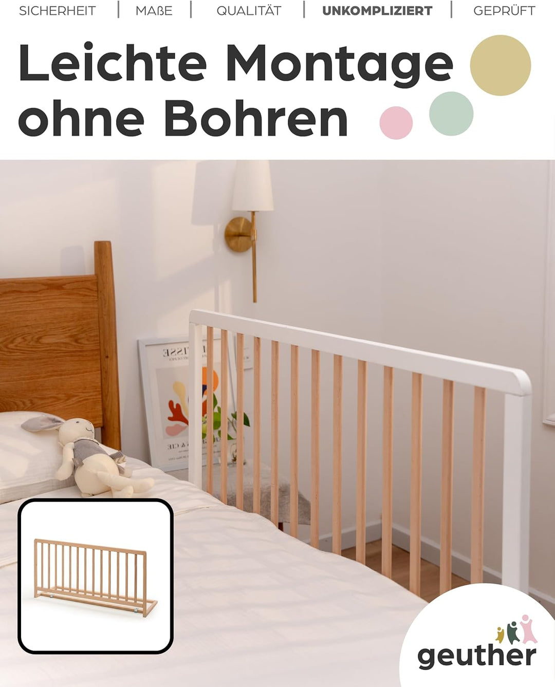 Geuther Bettschutzgitter Lissi Extrahoch: 60 cm - 110 cm lang in Naturbelassen – Sicheres Bettgitter
