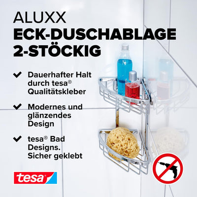 tesa ALUXX Duschablage für die Ecke, zweistöckig, Aluminium, verchromt, rostfrei, inkl. Klebelösung,