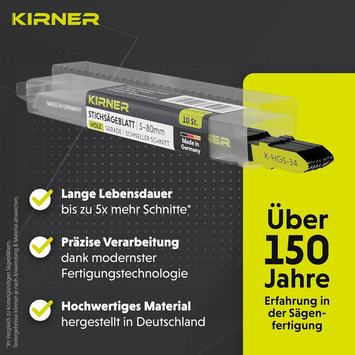 KIRNER Stichsägeblätter Holz 10 Stk. [ bis zu 5x mehr Schnitte ] Lange Version für schnelle, grobe S