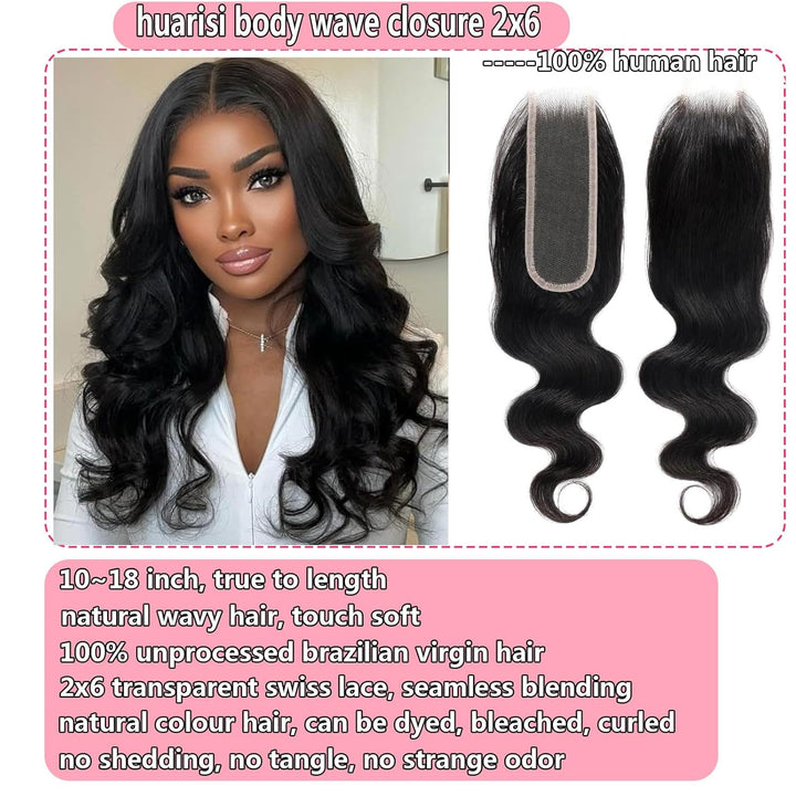 Huarisi 2x6 Closure Human Hair 12 Inch Brazilian Virgin Body Wave Free Part Closure with Baby Hair S