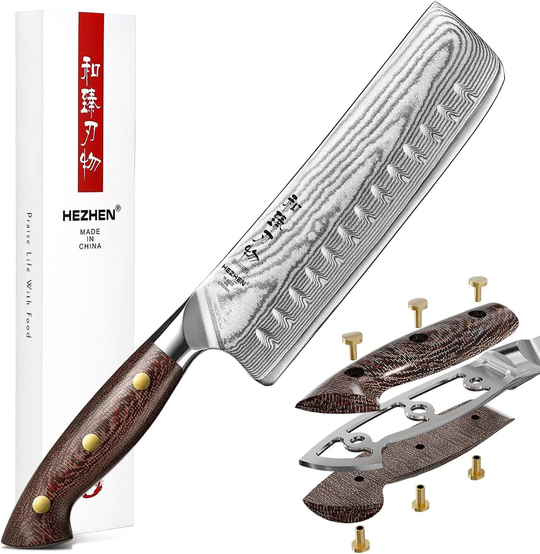 HEZHEN Damast Nakiri Messer mit Holzmesserscheide, Japanischer Stil Hackbeil Messer, Hartstahl Mehrz