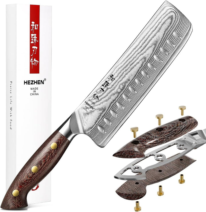 HEZHEN Damast Nakiri Messer mit Holzmesserscheide, Japanischer Stil Hackbeil Messer, Hartstahl Mehrz