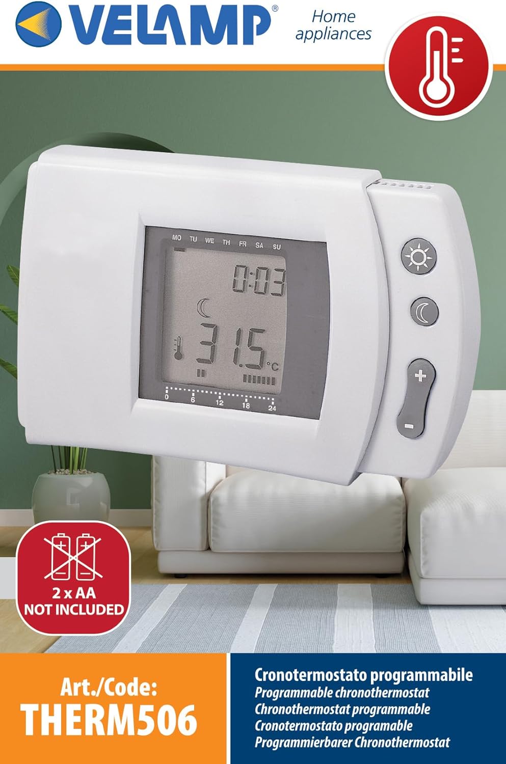 Programmierbarer digitaler Uhrenthermostat, warm/kalt. Weiss