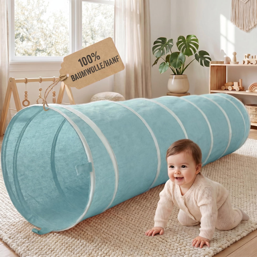 LIONHERZ® Spieltunnel für Kinder aus Baumwolle/Hanf mit Klettverschlüssen [180cm x 46cm] Krabbeltunn